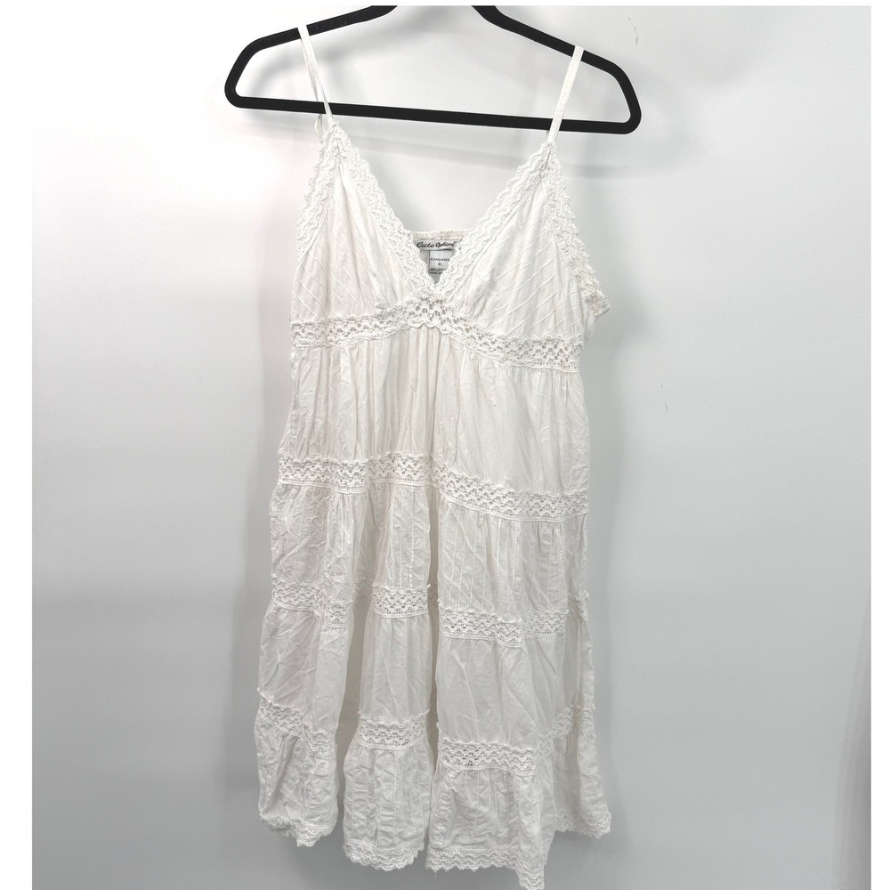 Y2K Vintage White Tiered Crochet Dress Juniors XL Cotton Flowy Festival Boho